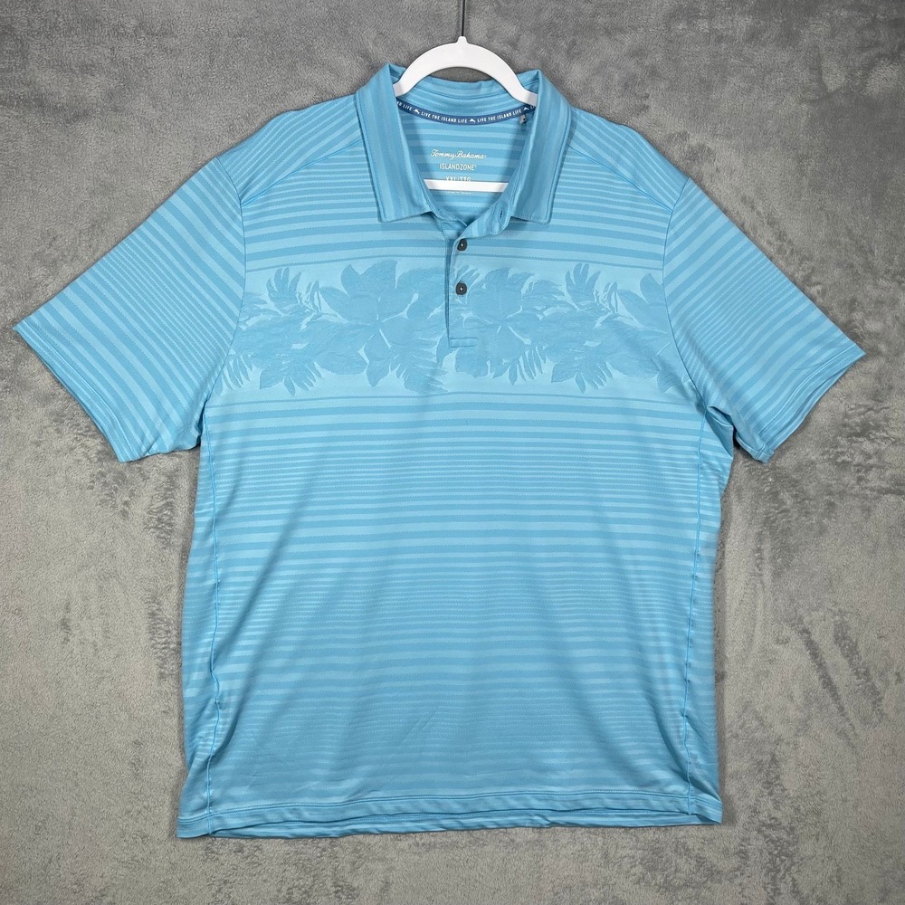 Tommy Bahama Polo Shirt Mens XXL‎ Blue IslandZone Tropical Floral Striped